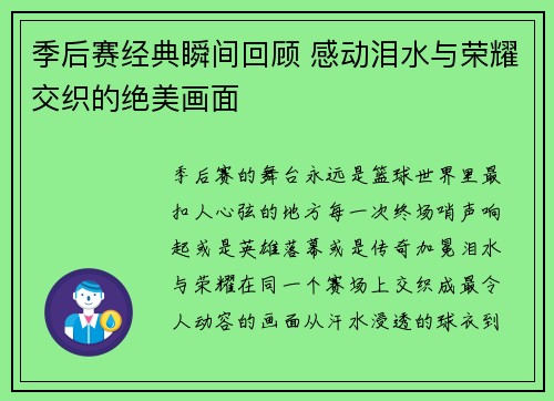 季后赛经典瞬间回顾 感动泪水与荣耀交织的绝美画面