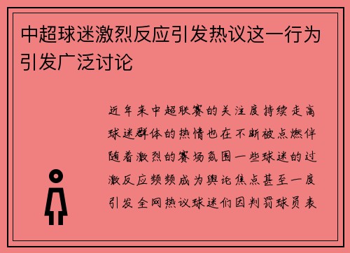 中超球迷激烈反应引发热议这一行为引发广泛讨论