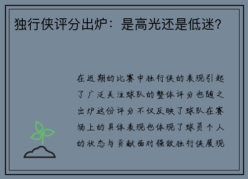 独行侠评分出炉：是高光还是低迷？